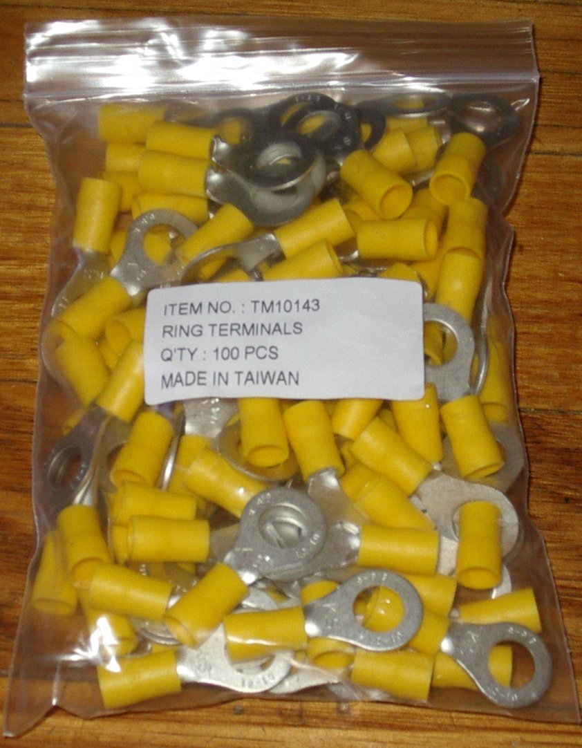 100-Piece Pack of Large Yellow 8mm Insulated Ring Crimp Terminals - Part # TM10143-100