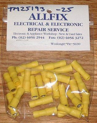 25-Piece Pack of Large Yellow 5mm Insulated Female Bullet Crimp Terminals - Part # TM25193-25