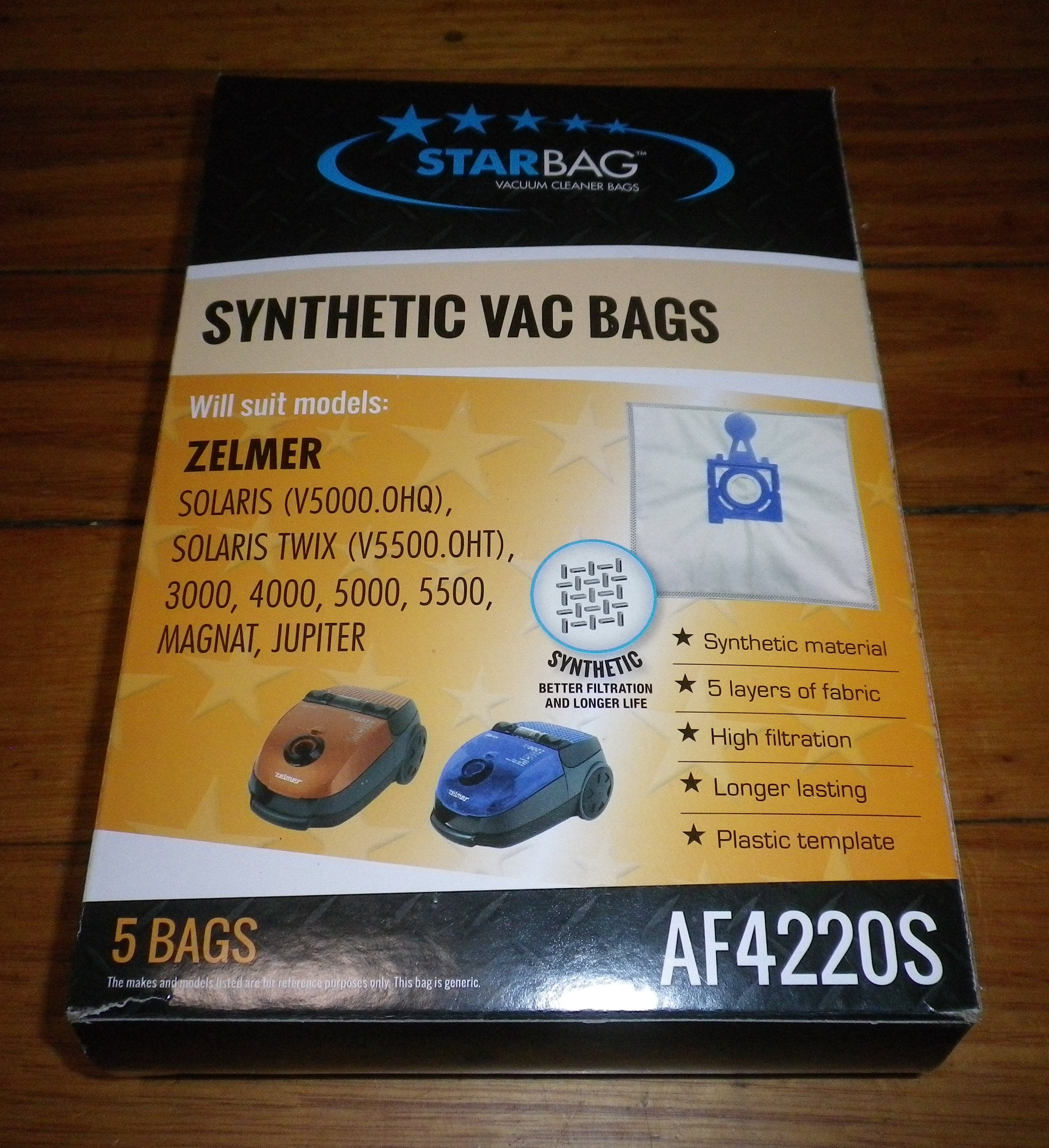Zelmer V5000 and V5500 Solaris Synthetic High-Efficiency Filtration Vacuum Cleaner Bags - Part # AF4220S (Pack of 5)