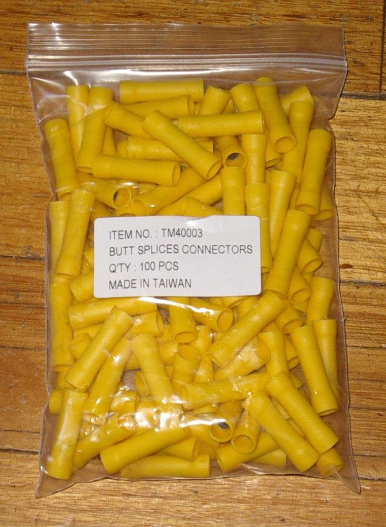 Yellow Insulated Inline Double-Ended Butt Splice Crimp Terminals - 100 Pieces Pack - Part # TM40003-100