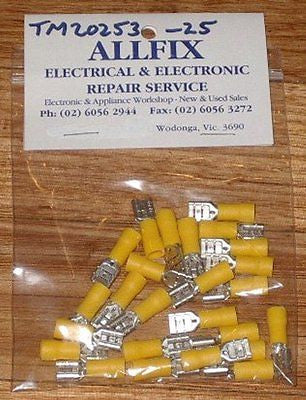 Insulated Yellow 6.4mm Female Spade Crimp Terminals - 25 Pieces per Packet, Part # TM20253-25