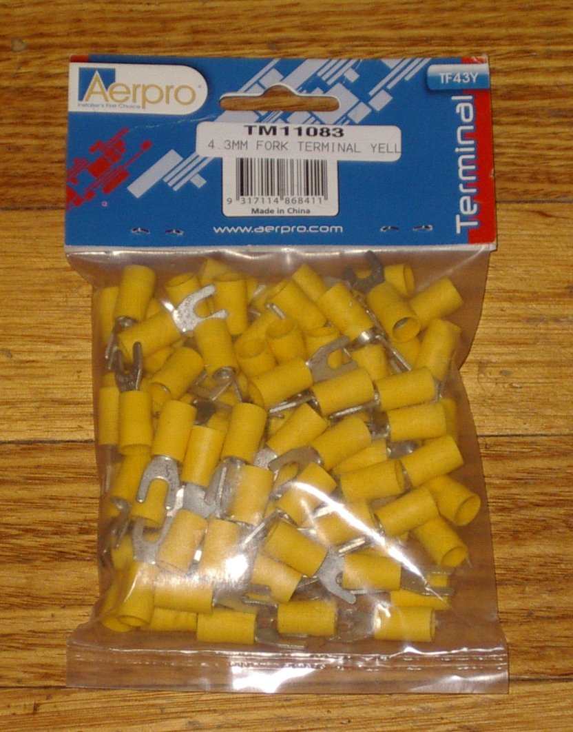 100-Piece Pack of Large Yellow 4.3mm Insulated Fork Crimp Terminals - Part # TM11083-100