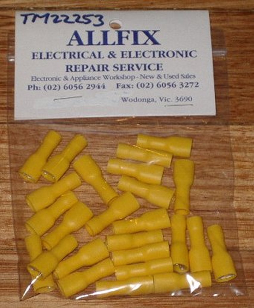 Yellow Color Fully Insulated Female 6.4mm Spade Crimp Terminals - Pack of 25 Pieces - Part # TM22253-25