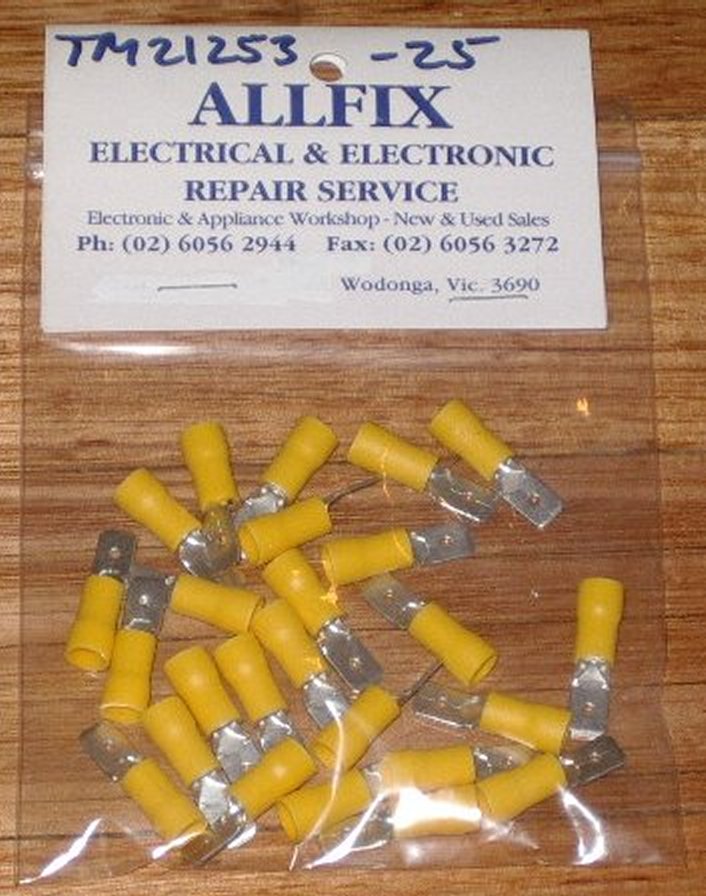 High - Quality Yellow Insulated 6.4mm Male Spade Crimp Terminals - Pack of 25 Pieces, Part # TM21253 - 25