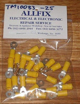 25-Piece Pack of Large Yellow 4.3mm Insulated Ring Crimp Terminals - Part # TM10083-25