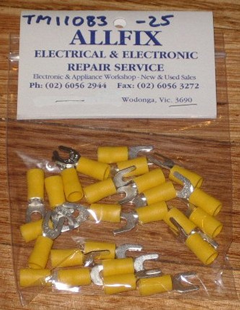 Yellow Insulated 4.3mm Electrical Fork Crimp Terminals - Pack of 25 Pieces - Part # TM11083-25