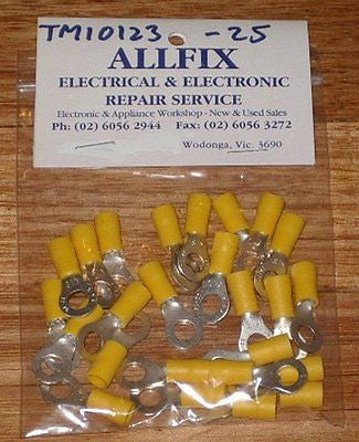 25-Piece Pack of 6.4mm Yellow Insulated Ring Crimp Terminals - Part # TM10123-25