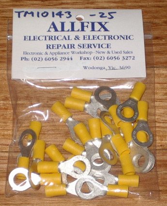 25-Piece Pack of Yellow 8mm Insulated Ring Crimp Terminals - Part # TM10143-25