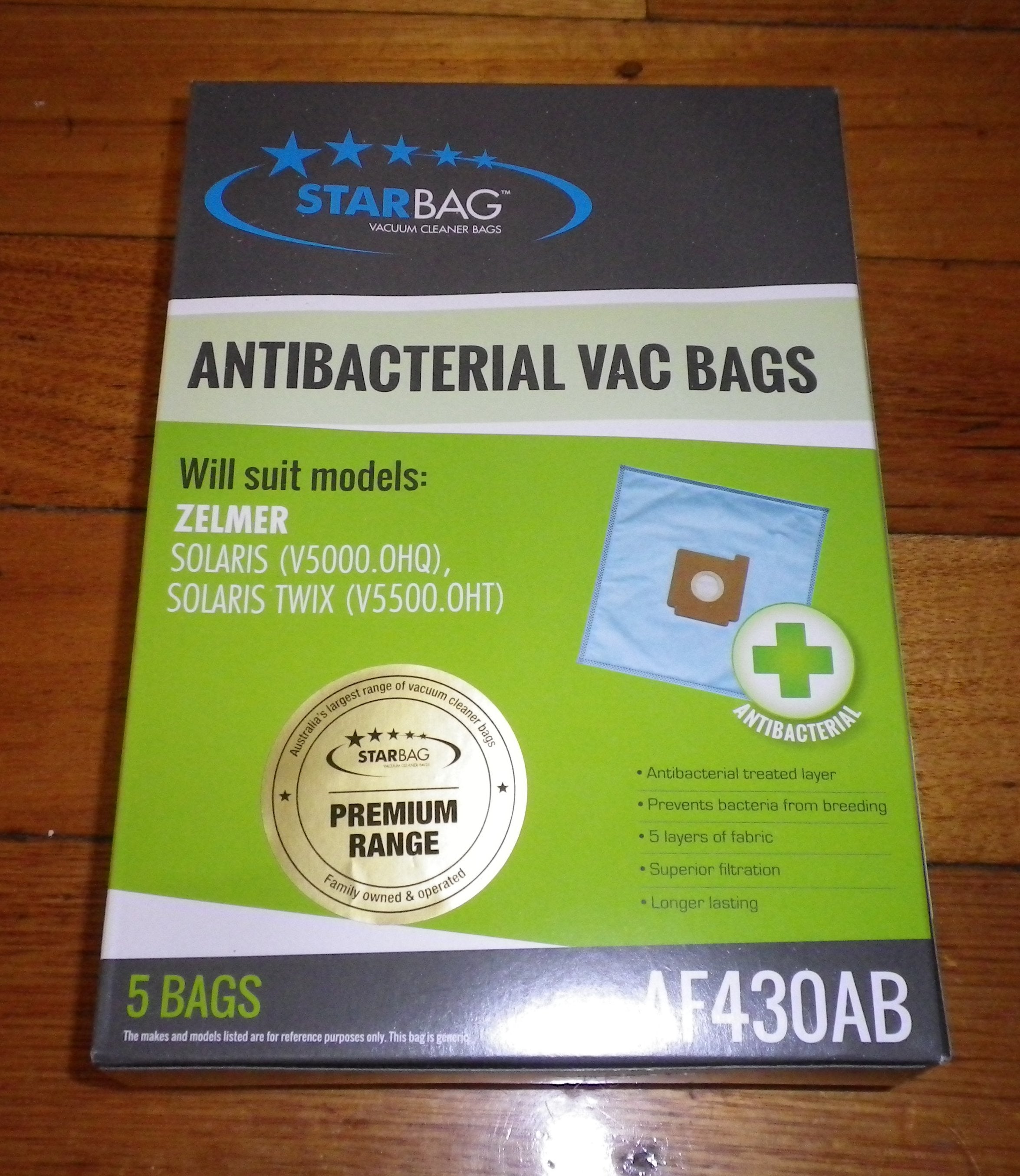 Zelmer V5000 and V5500 Solaris Synthetic Antibacterial Vacuum Cleaner Bags - Part Number AF430AB (Pack of 5)