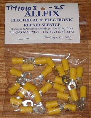 25-Piece Pack of 5.3mm Yellow Insulated Ring Crimp Terminals - Part # TM10103-25