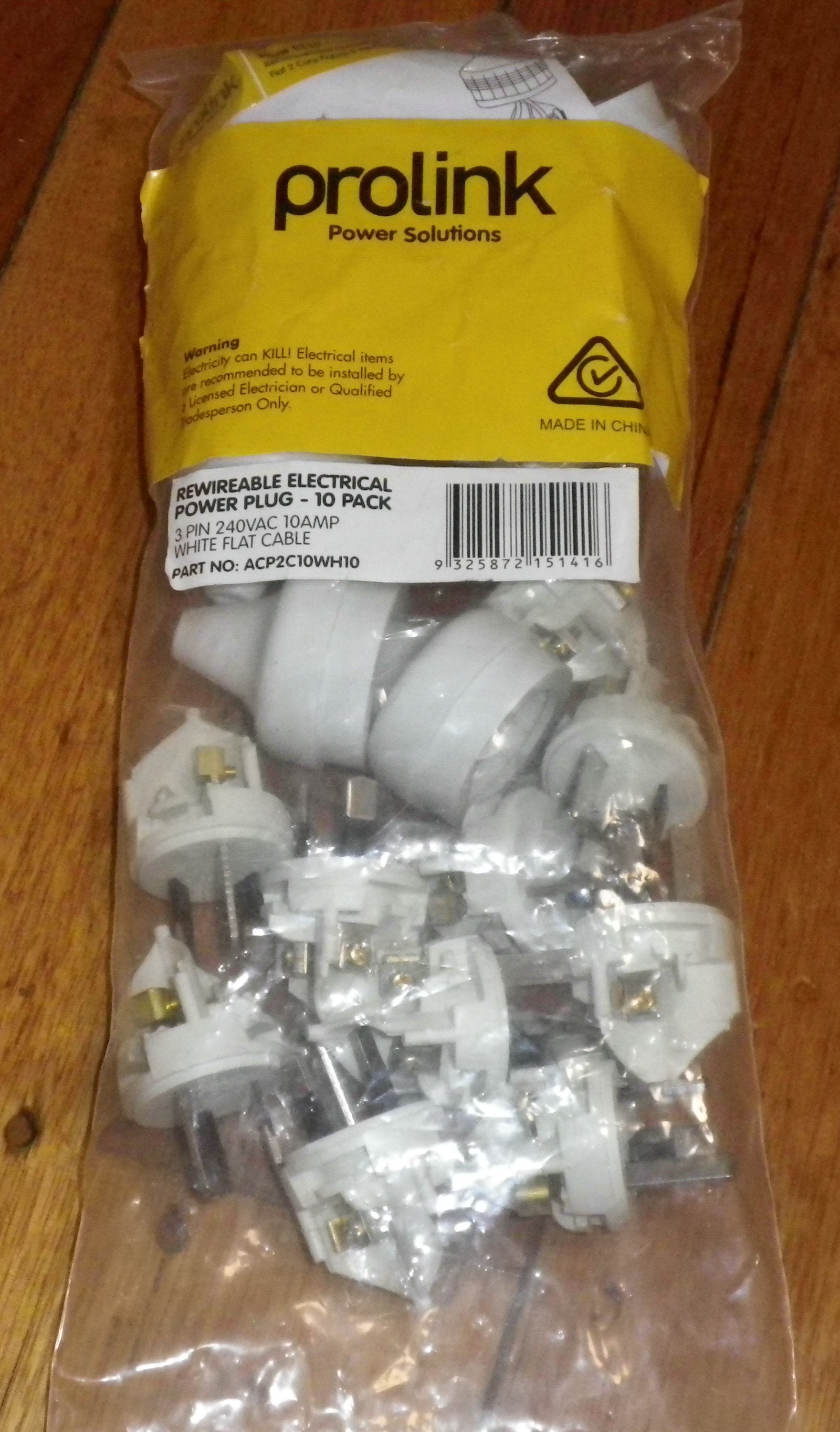 Set of 10 White Australian 10 Amp 240 Volt Three - Pin Mains Plug Tops for Two - Wire Cables - Part # ACP2C10WH10