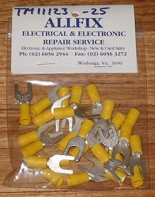 25-Piece Packet of Yellow Insulated 6.4mm Fork Crimp Terminals for Electrical Wiring - Part # TM11123-25