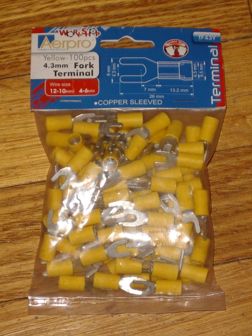 Yellow Insulated 4.3mm Fork Crimp Terminals (Pkt 100) - Part # TM11083-100