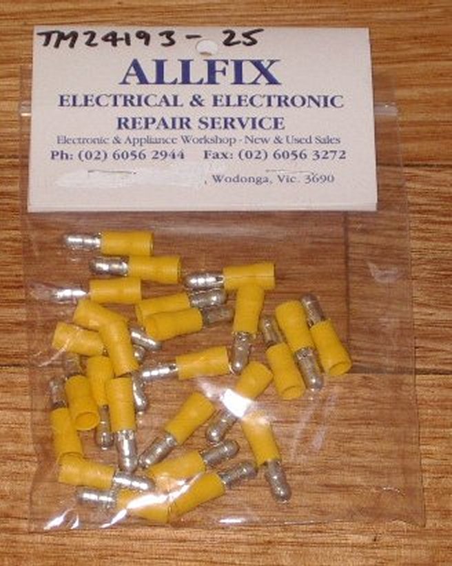 Yellow Insulated 5mm Male Bullet Type Crimp Terminals (Pack of 25 Pieces) - Part Number TM24193-25