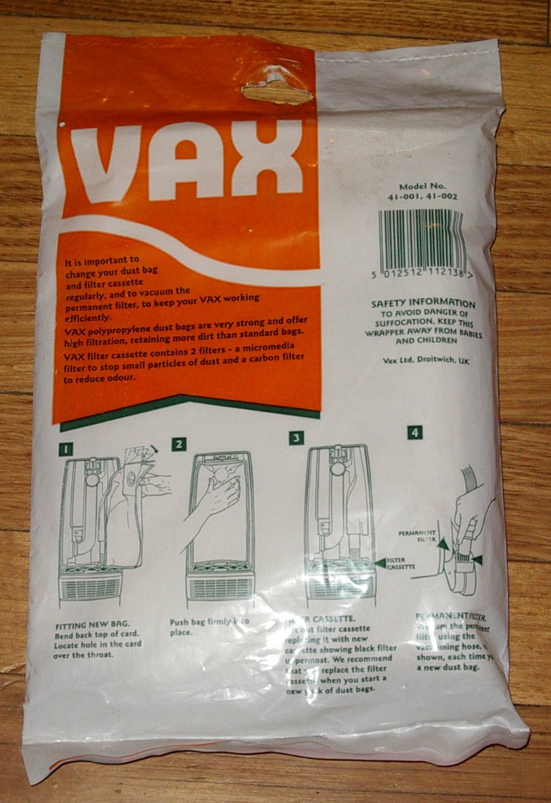Genuine Vax New Wave Upright Vacuum Cleaner Replacement Bags and Filters - Part Number 122401033