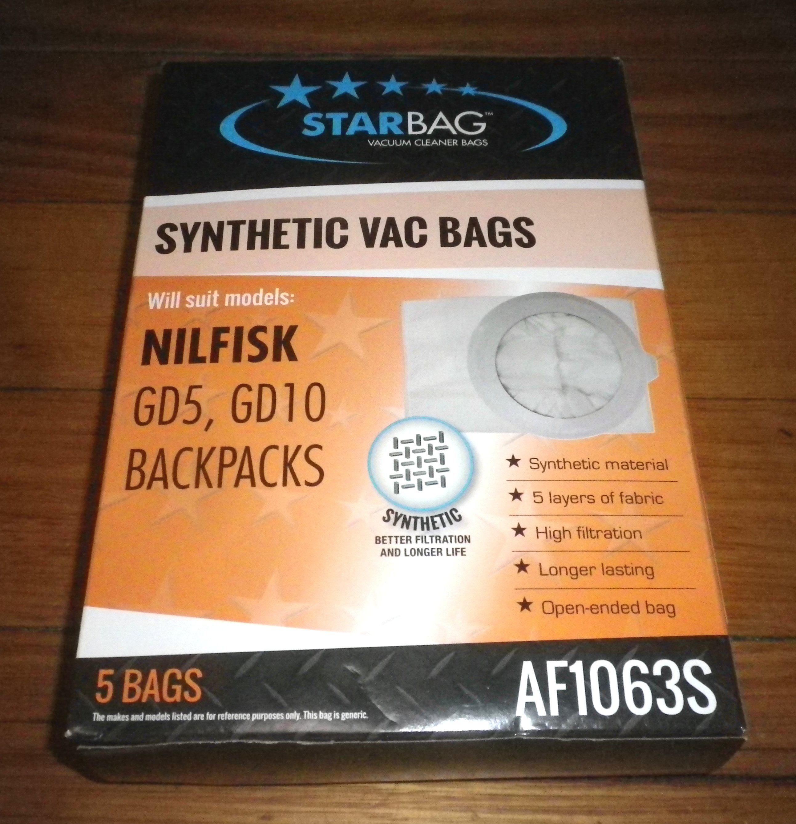 Premium Synthetic Backpack Vacuum Cleaner Bags Compatible with Nilfisk GD5 and GD10 - Pack of 5 (Part # AF1063S)