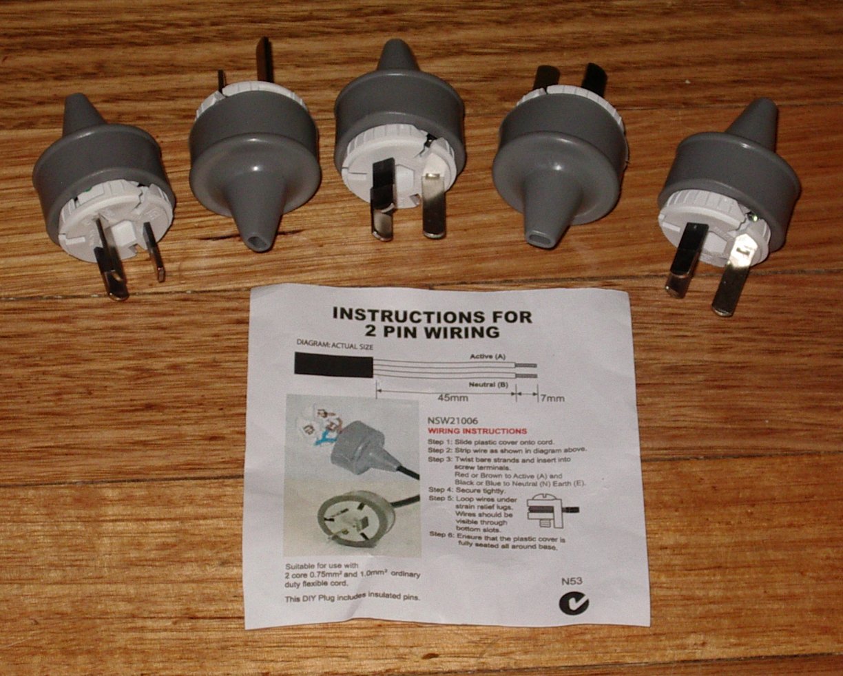 Set of 5 Grey 10Amp 240V 2-Pin Mains Plug Tops - Part # ACP2123-5