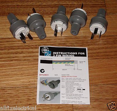 Set of 5 Grey 10A 240V 3-Pin Australian Mains Plug Tops - Part # ACP3123-5