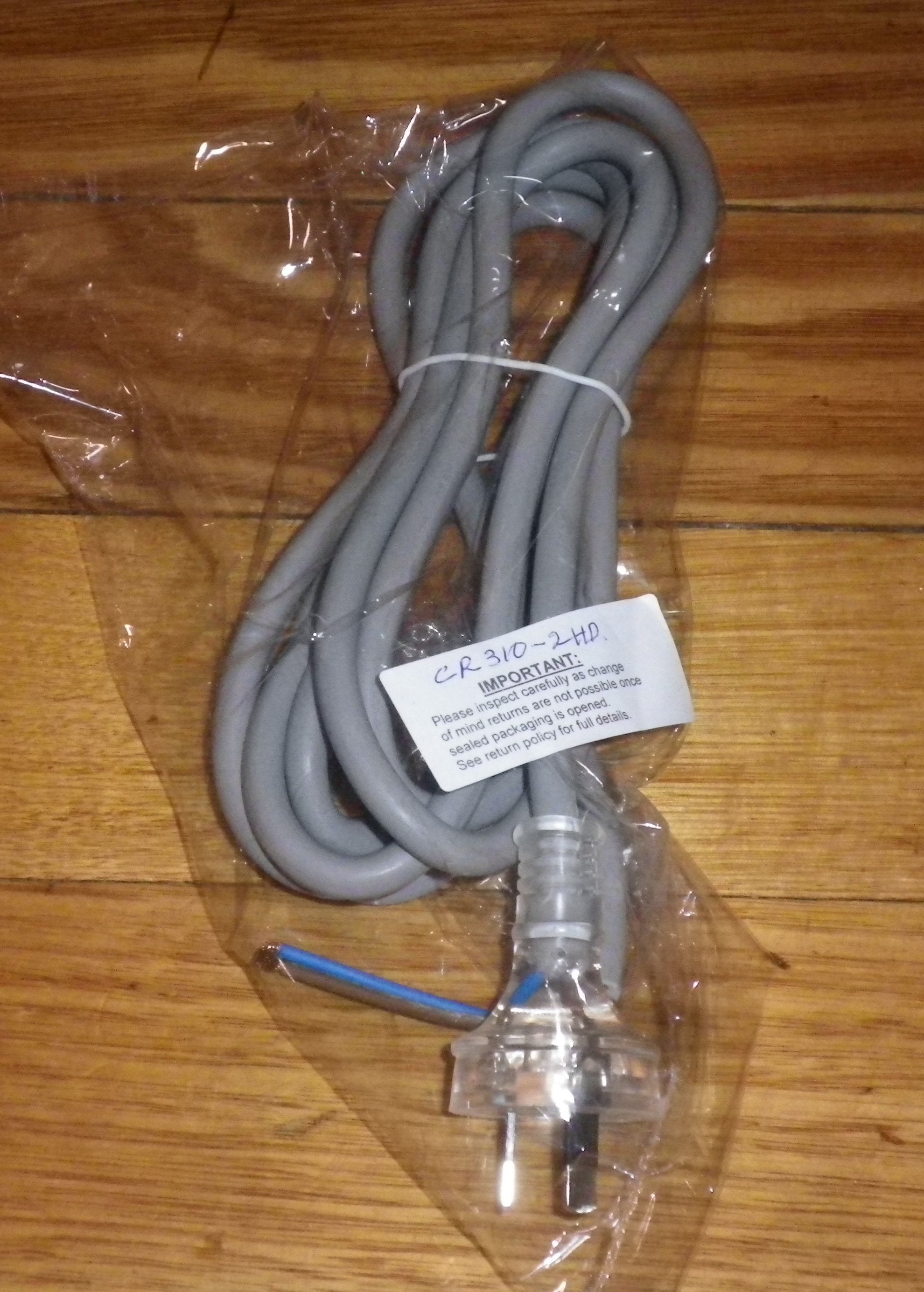 High-Capacity Heavy Duty Mains Power Supply Lead in Grey Color - 2-Wire 3-Meter Long with Mains Plug to Bare Wires - Part Number CR310-2HD