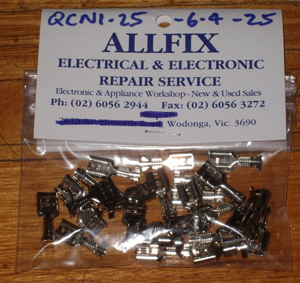25-Piece Pack of 6.4mm Nickel-Plated Female Spade Terminals for Electrical Appliances - Part # QCN1.25-6.4-25