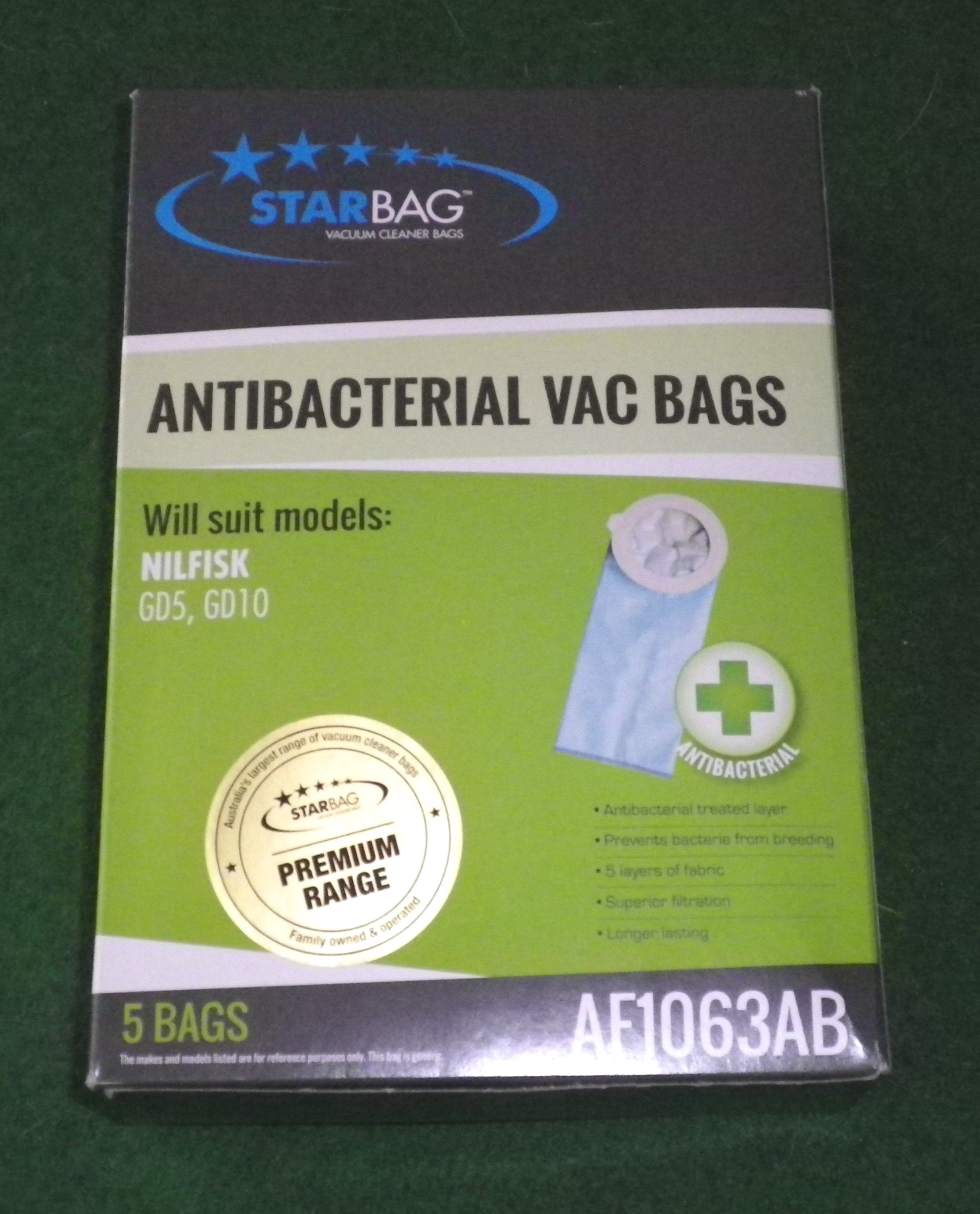 High - Quality Nilfisk GD5 and GD10 Backpack Anti - Bacterial Vacuum Cleaner Bags (Pack of 5) - Part Number AF1063AB