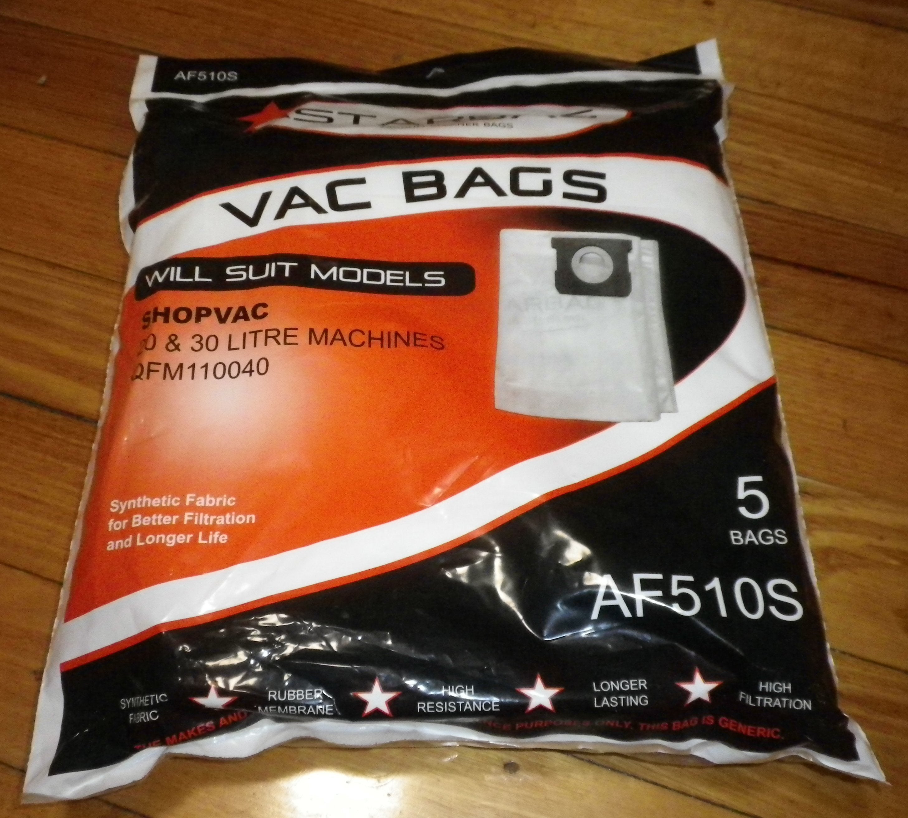 ShopVac 20-Liter and 30-Liter High-Quality Synthetic Vacuum Cleaner Replacement Bags (Pack of 5) - Part # AF510S