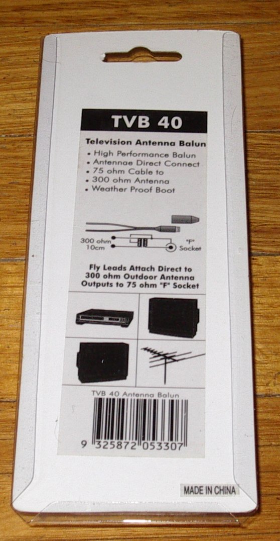 Weatherproof Outdoor Antenna Balun 300ohm to 75ohm with F-Connector - TVB40