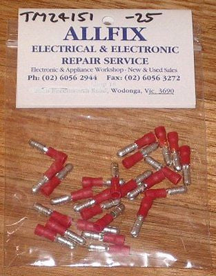 Red Insulated 4mm Male Bullet-Style Crimp Terminals for 22 - 18 AWG Wire - Pack of 25 Pieces, Part # TM24151 - 25