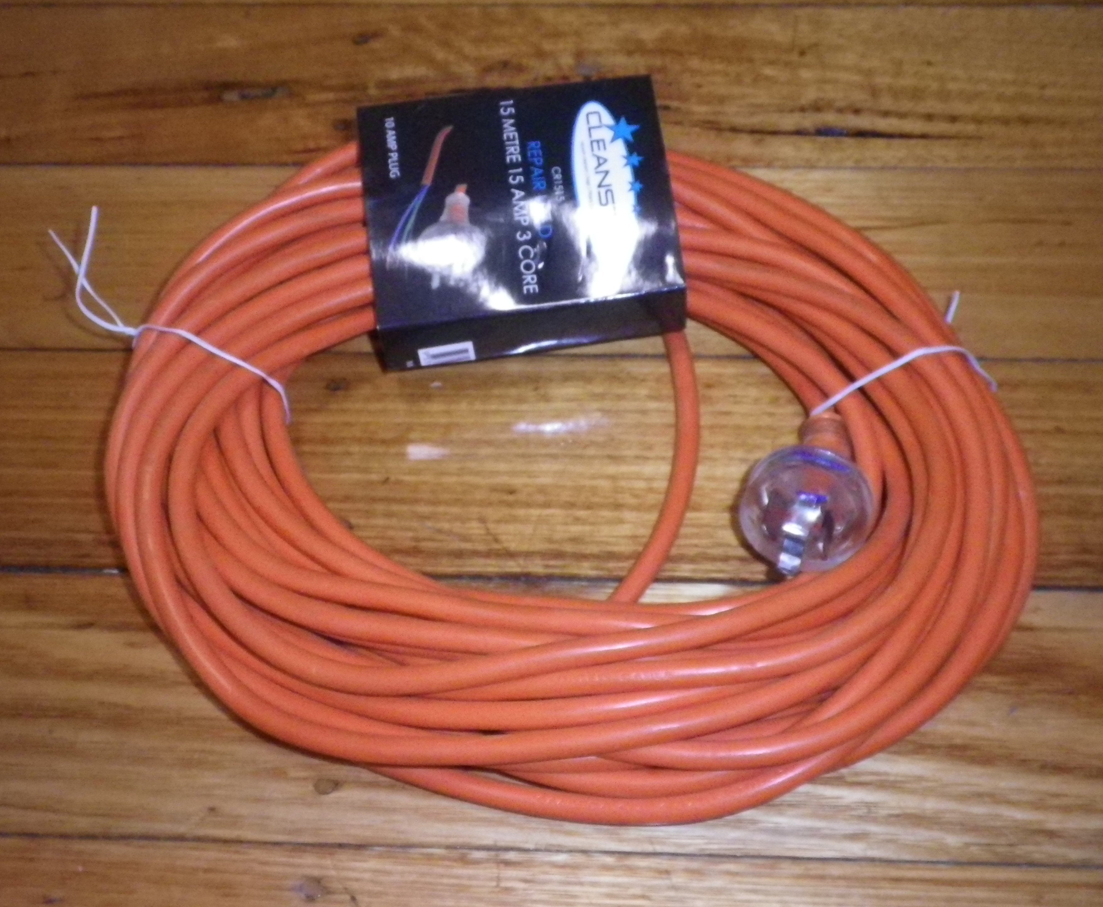 15-Meter Heavy-Duty Round Orange 3-Wire 15-Amp Vacuum Cleaner Mains Power Cord with Australian 3-Pin 10-Amp Plug - Part # CR1515