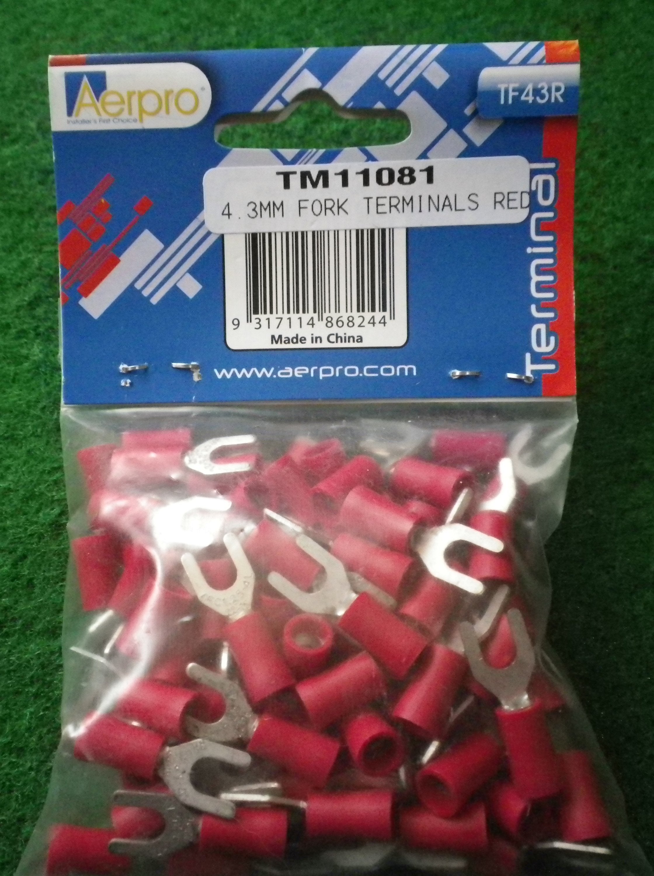 Red Insulated 4.3mm Fork Crimp Terminals (Pkt 100) - Part # TM11081-100