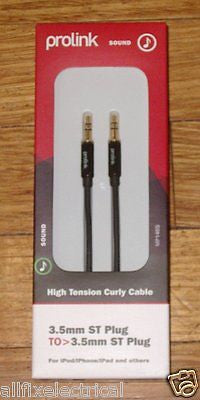 Prolink Premium Curly Audio Cable - 3.5mm Stereo Plug to 3.5mm Stereo Plug - 2 Meter Length - Part # MP146S