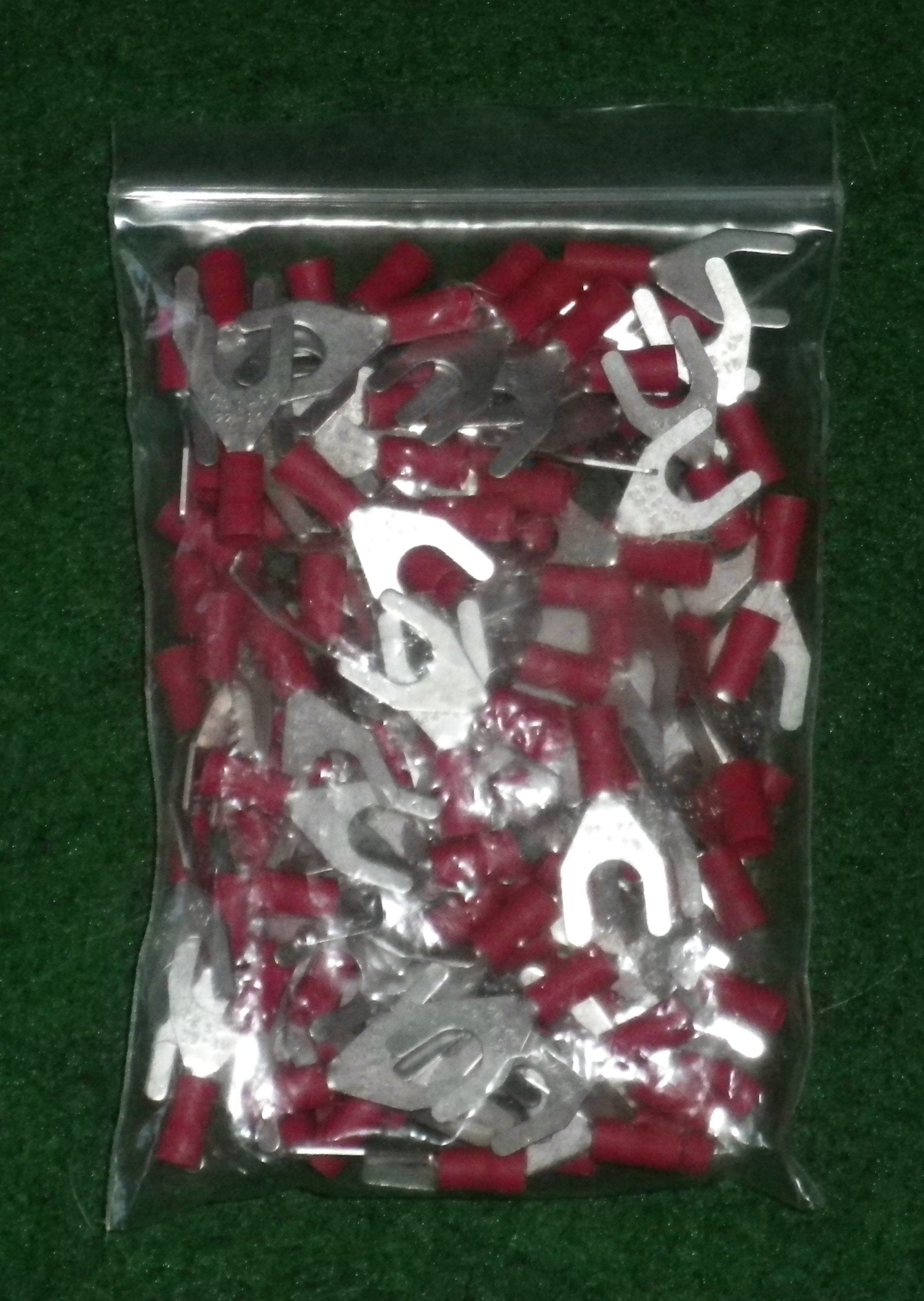 High - Quality Red Insulated 6.4mm Fork - Style Crimp Terminals (Pack of 100 Pieces) - Part Number TM11121 - 100