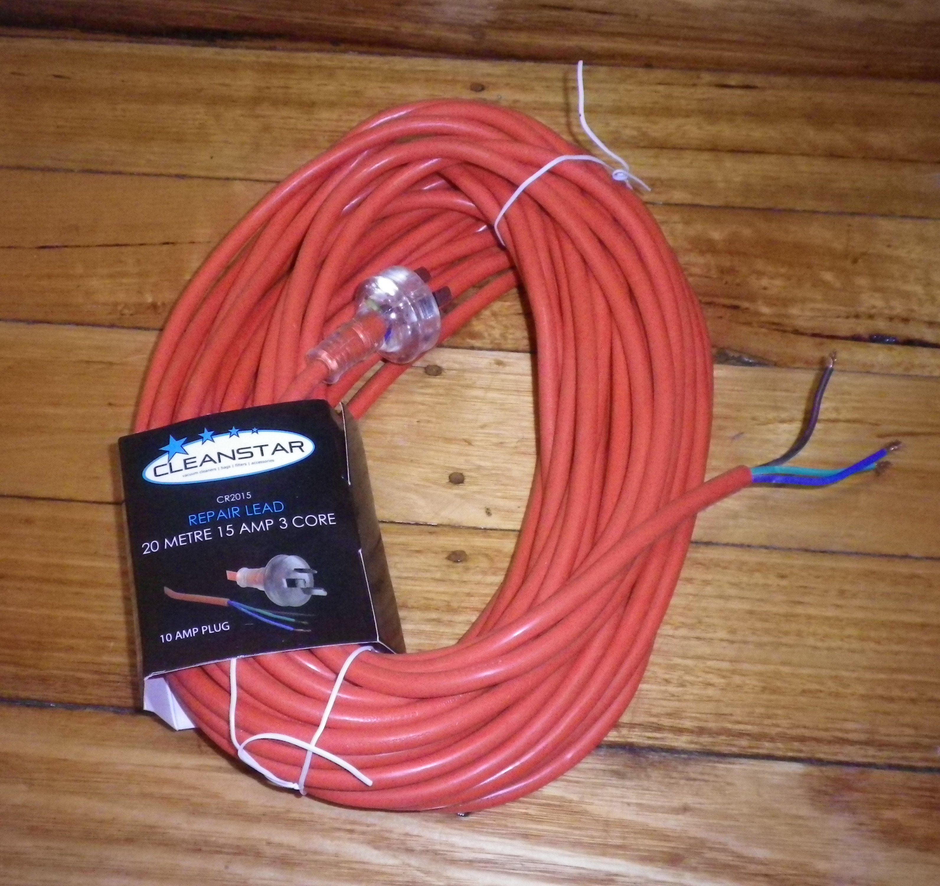 20-Meter Heavy-Duty Round Orange 3-Wire 15-Amp Vacuum Cleaner Mains Power Cord with 10-Amp Plug - Part # CR2015