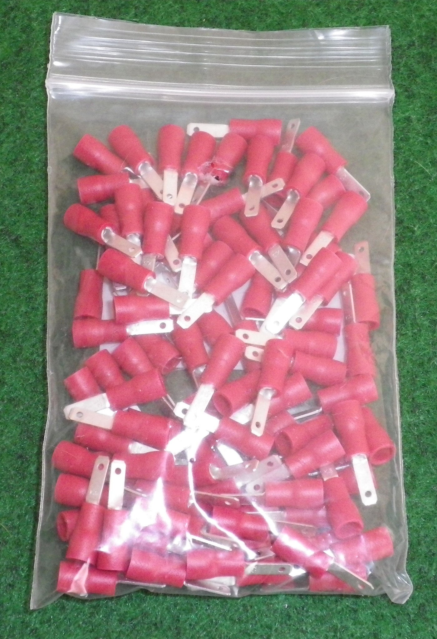 Red Insulated Male 2.8mm Electrical Spade Crimp Terminals Suitable for 22 - 18AWG Wire (Pack of 100) - Part # TM21111 - 100