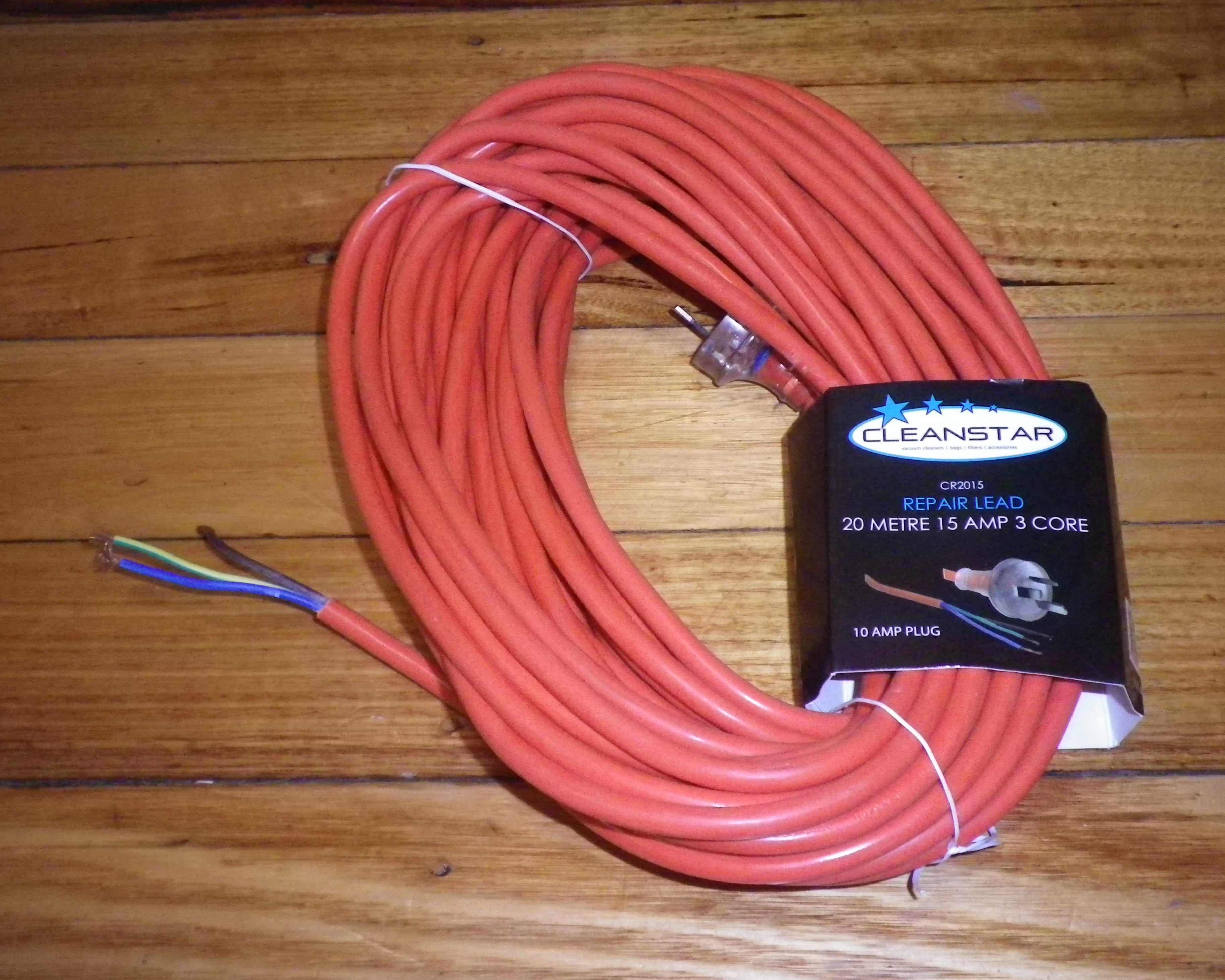 20-Meter Heavy-Duty Round Orange 3-Wire 15-Amp Vacuum Cleaner Mains Power Cord with 10-Amp Plug - Part # CR2015