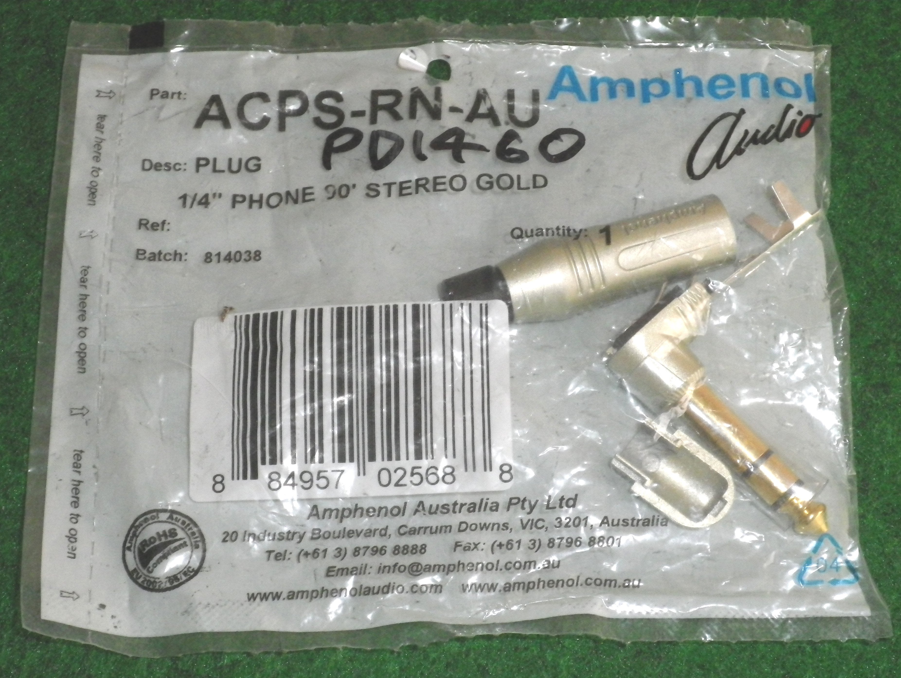 Amphenol 6.3mm Gold Plated Right - angled Stereo Phone Plug, Part # PD1460, ACPS - RN - AU
