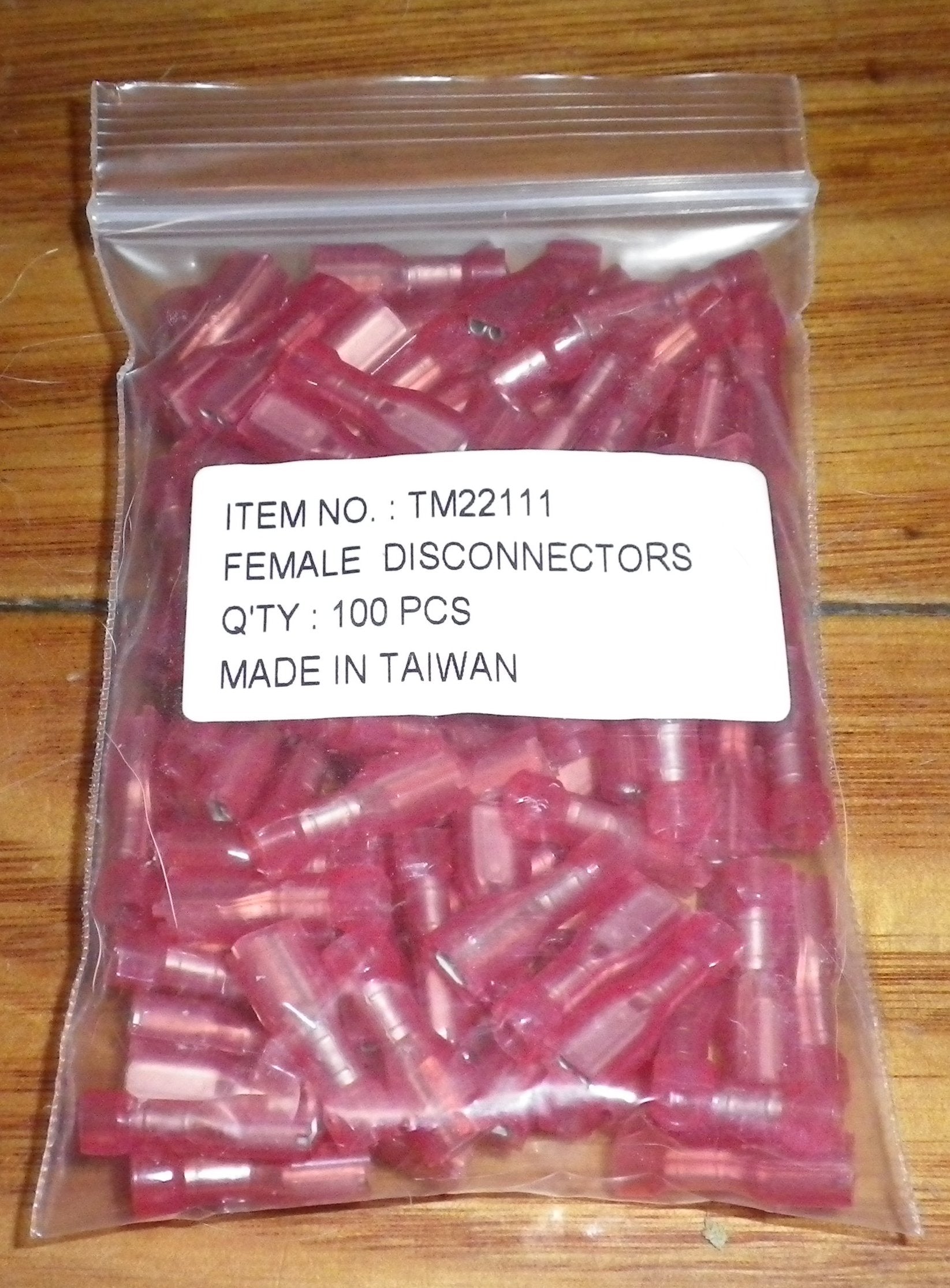 Red 2.8mm Fully Insulated Female Spade Terminals - Pack of 100 (Part # TM22111-100)