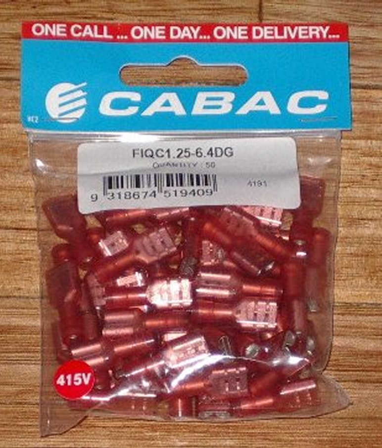 Red Fully Insulated 415-Volt Female 6.4mm Spade Crimp Terminals for 22-18 AWG Wire, Pack of 50 Pieces (Part No. FIQC1.25-6.4DG-50)