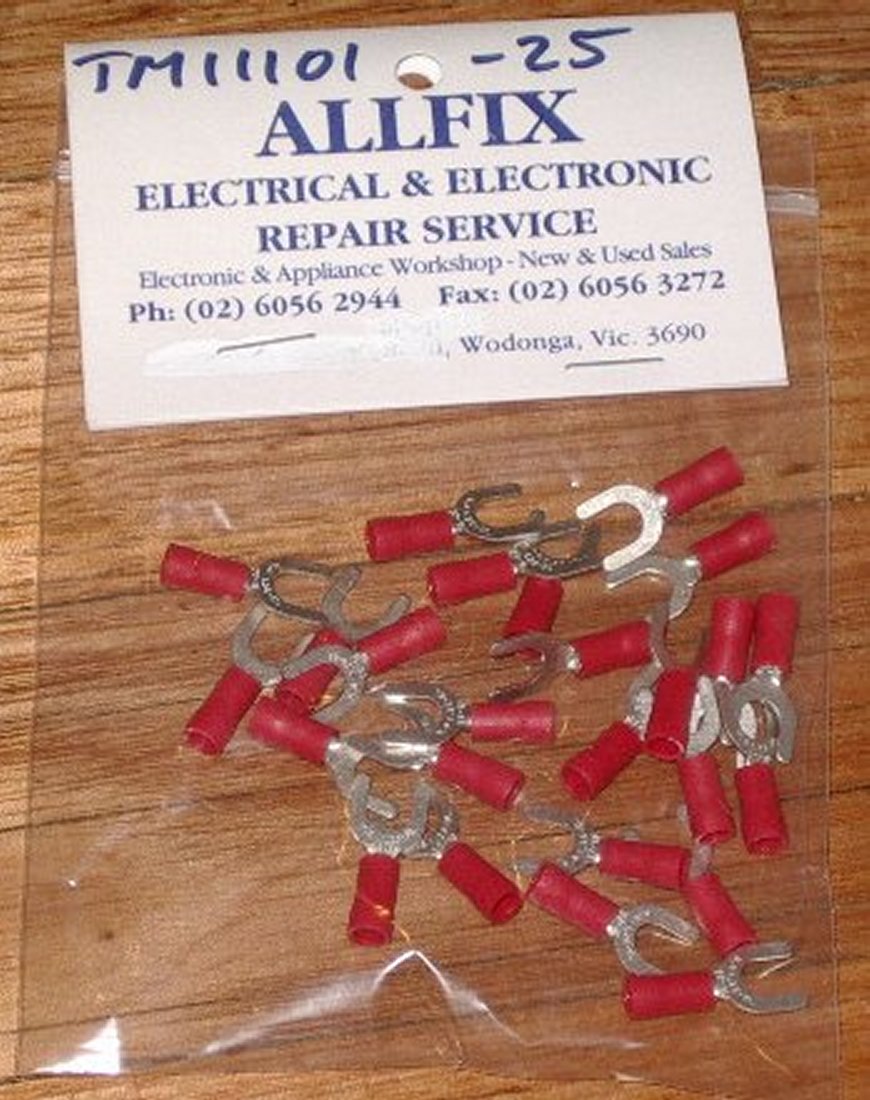 Red 5.3mm Insulated Fork Crimp Terminals - 25 Pieces per Pack, Part # TM11101-25