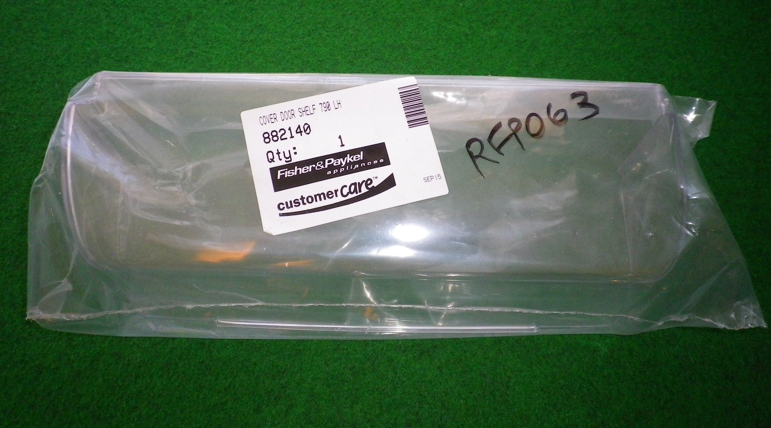 Fisher & Paykel 790 Series Left-Hand Short Fridge Door Shelf Dairy Clear Plastic Cover - Replacement Part # FP882140