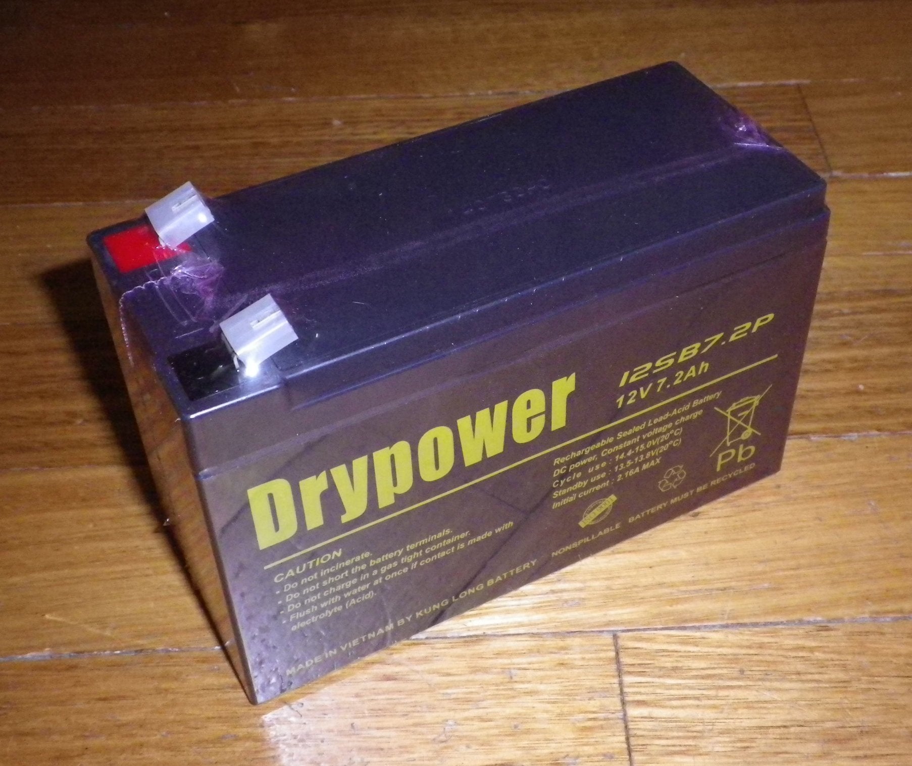 Sealed Lead Acid Rechargeable Dry Power Battery - 12 Volt, 7.2 Ampere - Hour with 6.4mm Male Spade Terminals - Part # 12SB7.2P