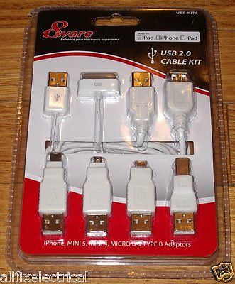 All - in - One USB 2.0 Adaptor Lead Kit for iPhone, iPad, iPod & Multiple Devices
