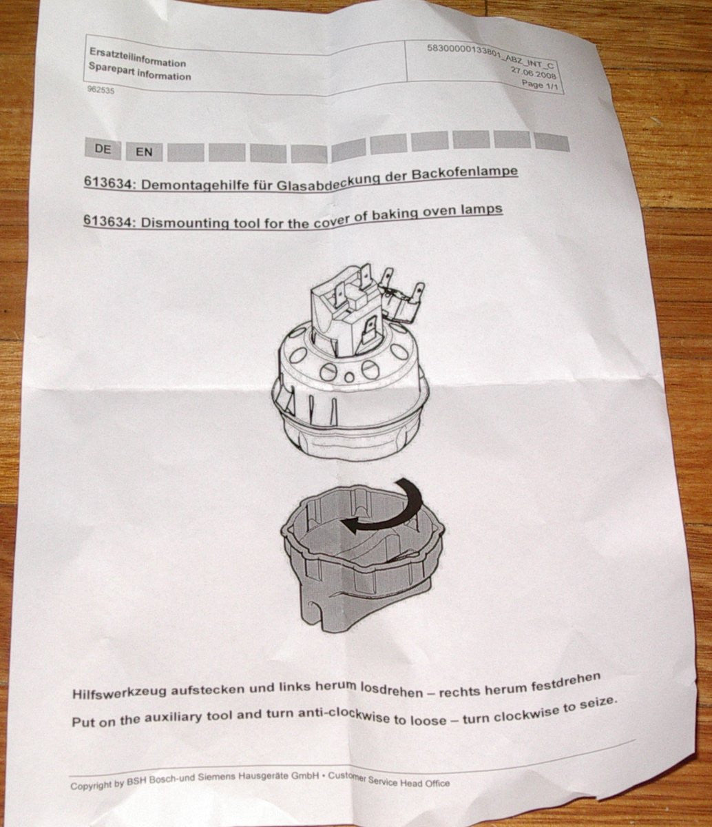 Bosch Large Capacity Oven Lamp Holder Transparent Glass Cover - Replacement Part No. 647309, 00647309