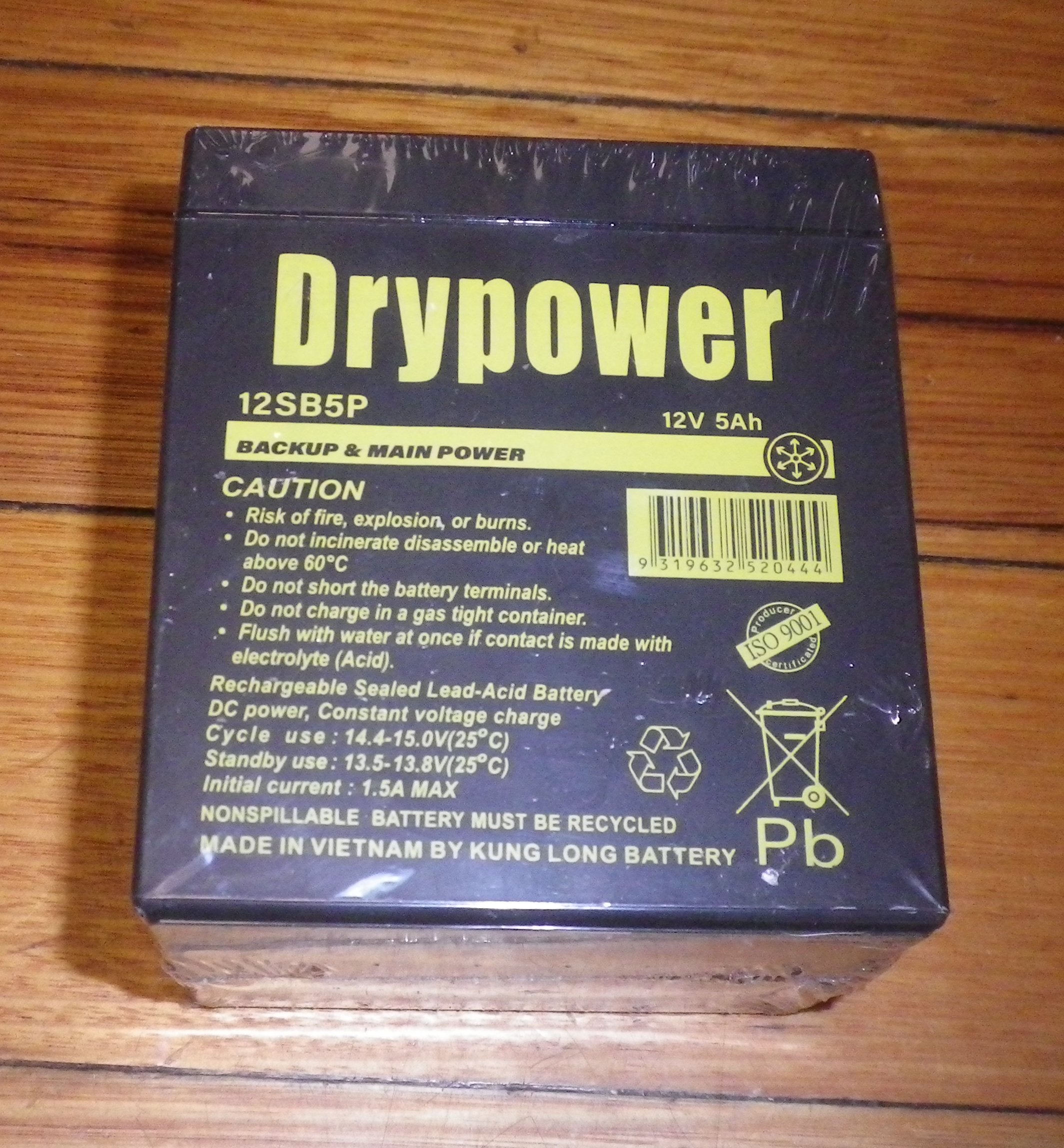 12V 5AH DryPower Sealed Lead Acid Battery with 4.8mm Spade Terminals - Part # 12SB5P