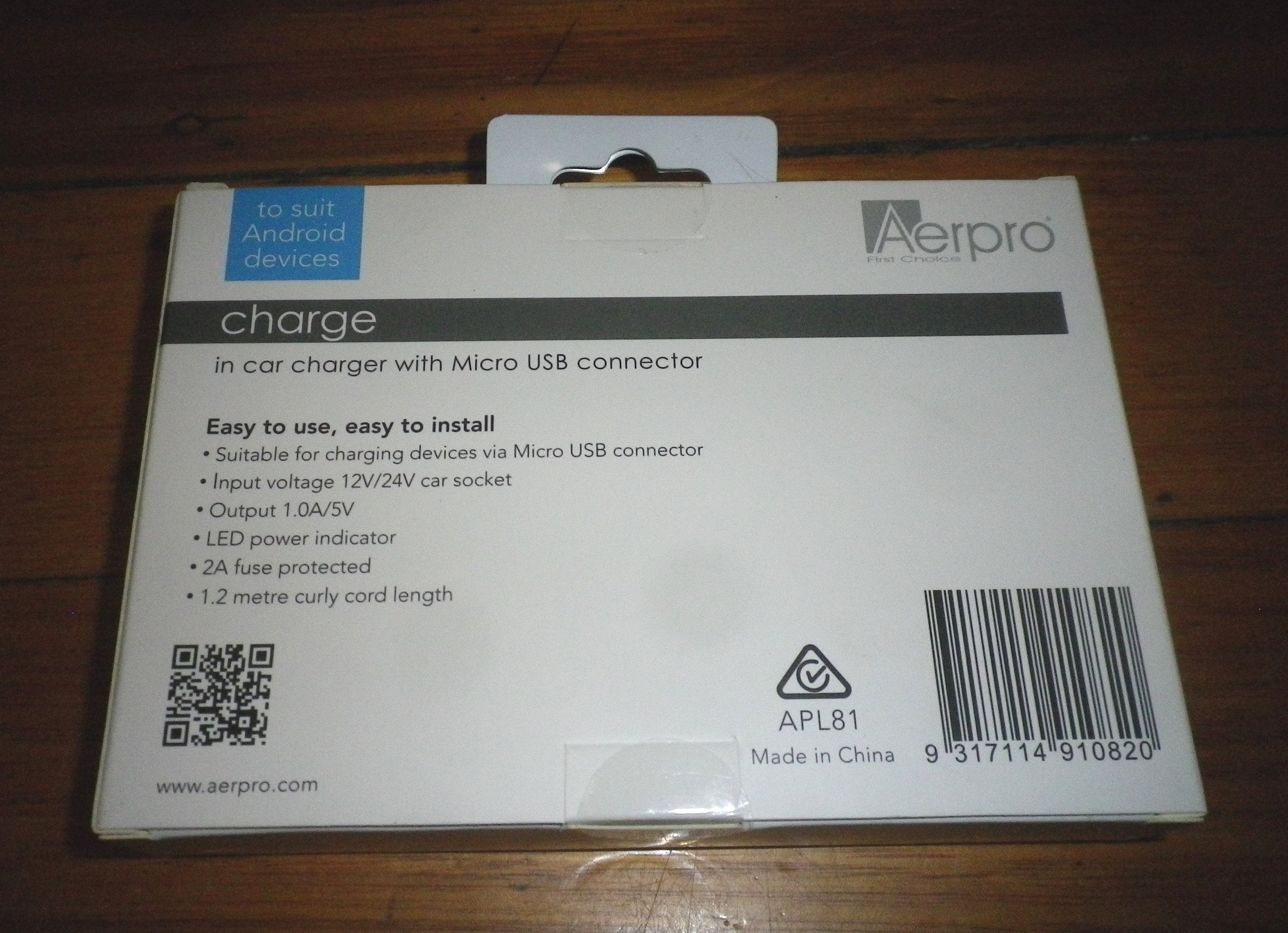 AerPro Automobile Charger Adapter for Smartphones Equipped with Micro USB Plug - Model APL81