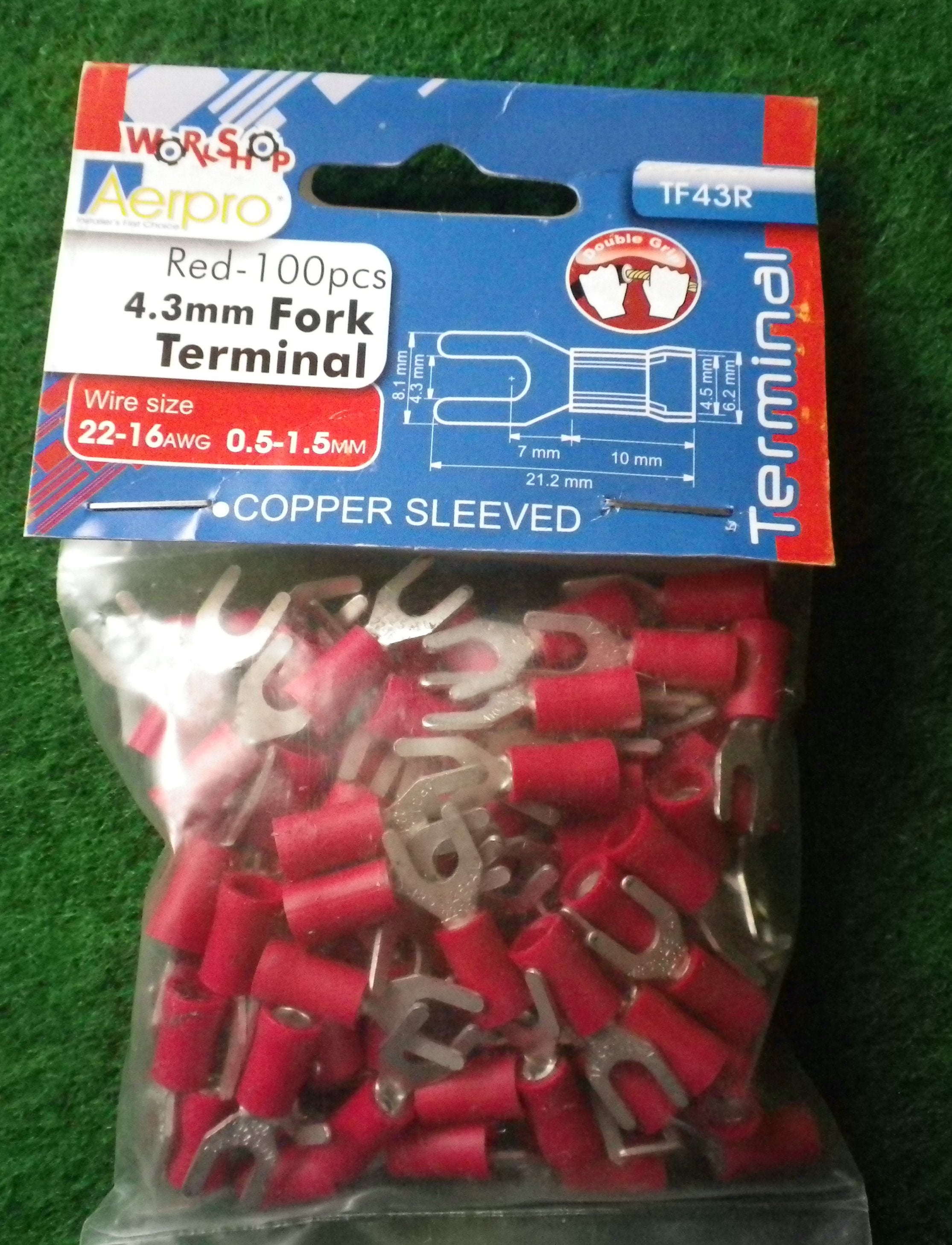 Red 4.3mm Insulated Fork Crimp Terminals - 100 Pieces Pack, Part # TM11081-100