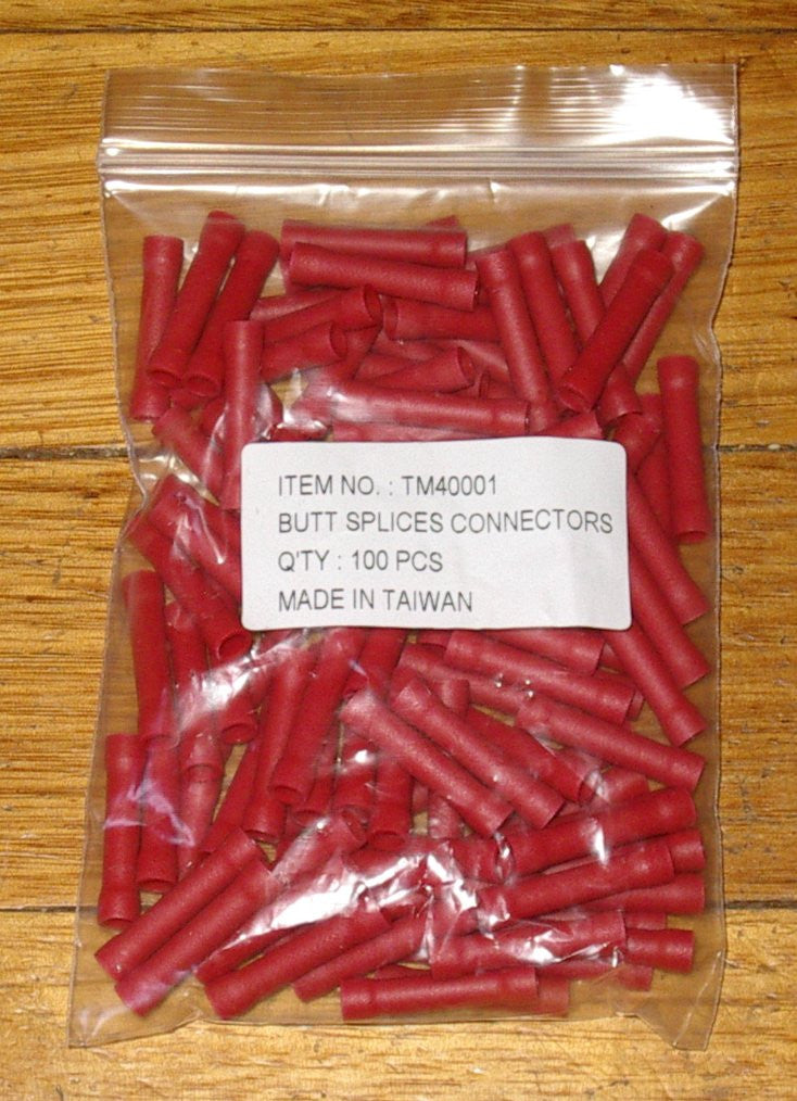 100-Piece Pack of Red Insulated Inline Double-Ended Butt Splice Crimp Terminals for 22-18 AWG Wire - Part # TM40001-100