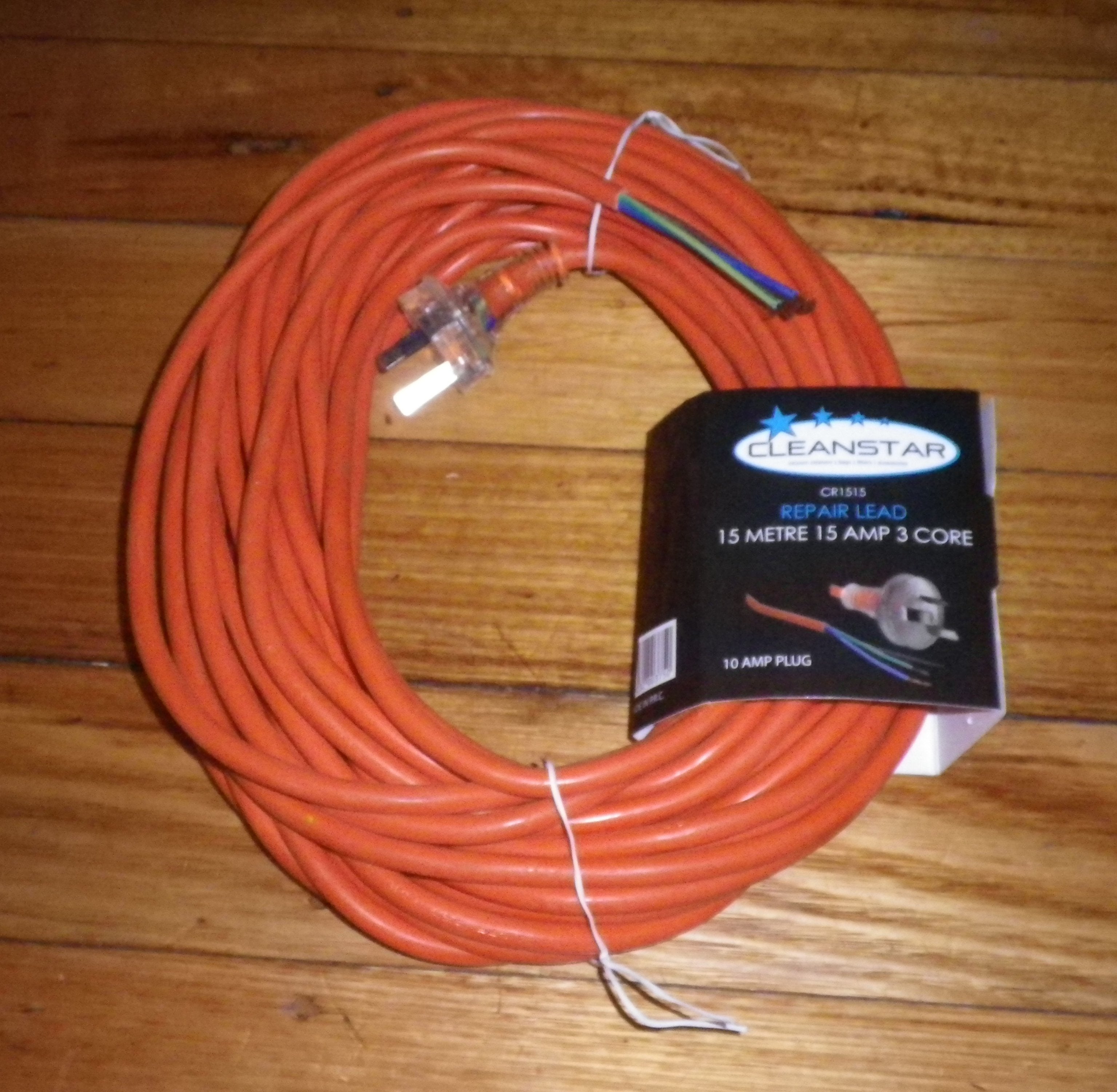 15-Meter Heavy-Duty Round Orange 3-Wire 15-Amp Vacuum Cleaner Mains Power Cord with Australian 3-Pin 10-Amp Plug - Part # CR1515
