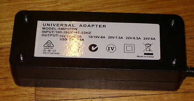 Universal 15 - 24 Volt 8.5 Amp Switch - Mode Laptop AC Power Adaptor (Part # SMP150W) for Multiple Laptop Brands