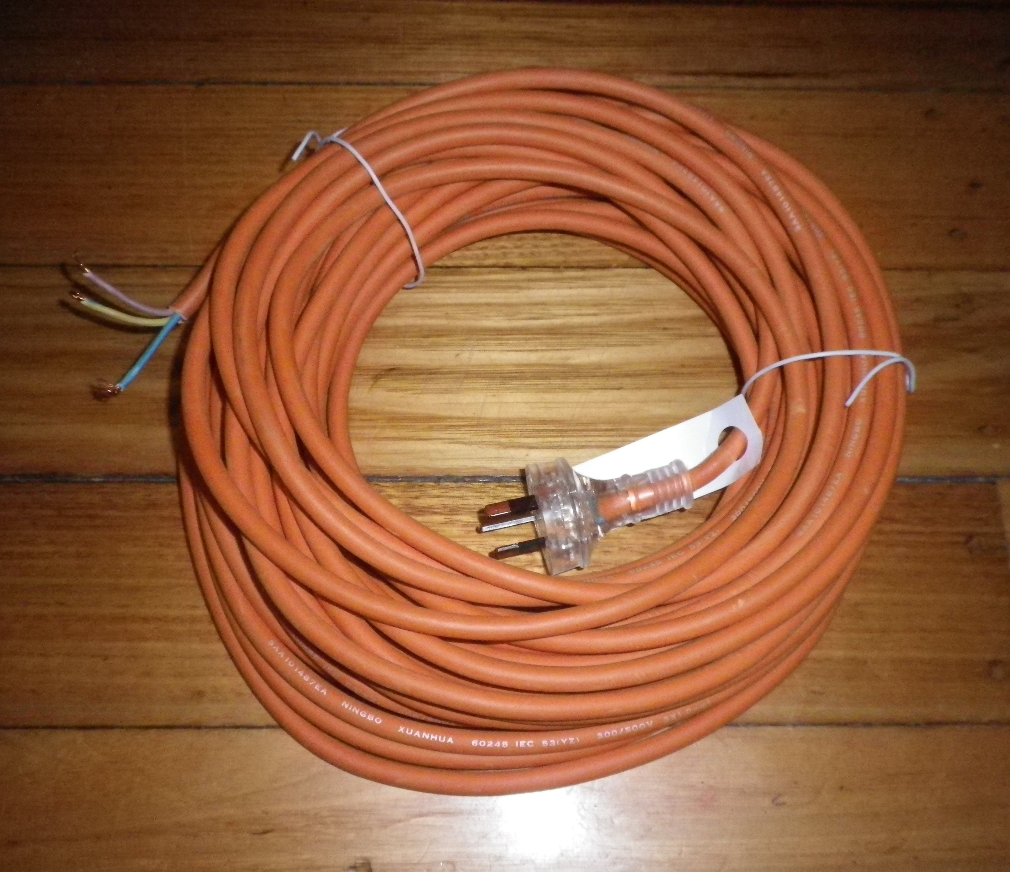 Heavy Duty Orange Rubber 3-Wire Round Vacuum Cleaner Mains Power Cord & Plug with 20-Meter Length - Part # CRR2010-3